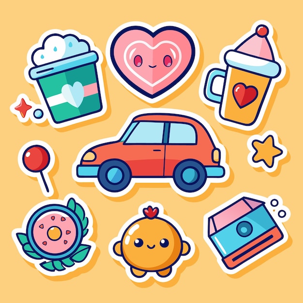 Vector cute cartoon stickers with a car heart coffee cup and donut