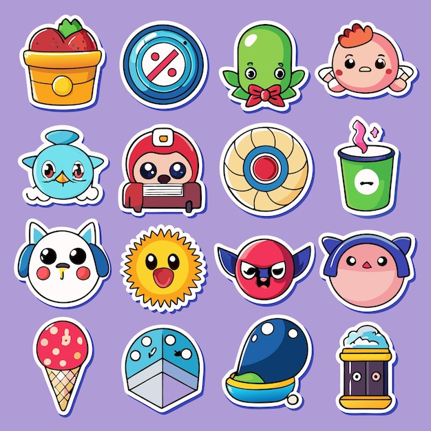 Vector cute cartoon stickers with diverse characters and objects