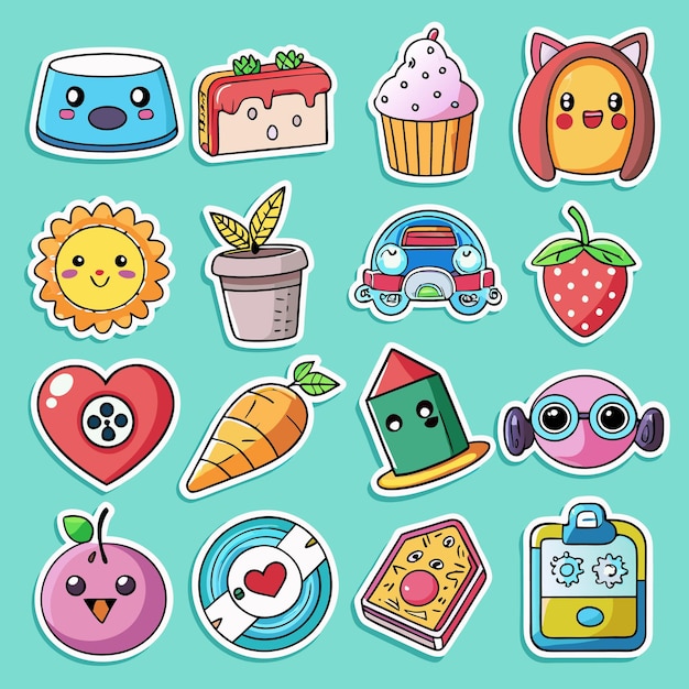 Vector cute cartoon stickers with happy faces and fun designs