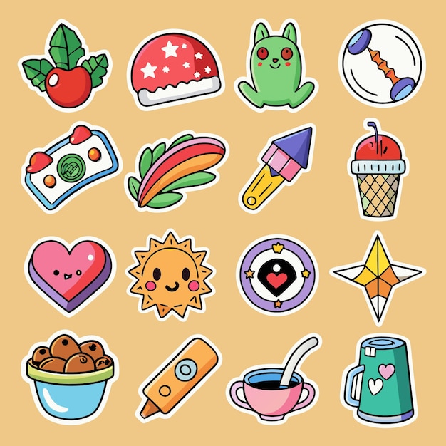 Vector cute cartoon stickers with hearts stars and rainbow fun and colorful designs for kids and adults