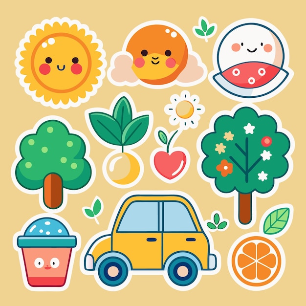 Vector cute cartoon stickers with a sun orange moon trees plant car and fruit