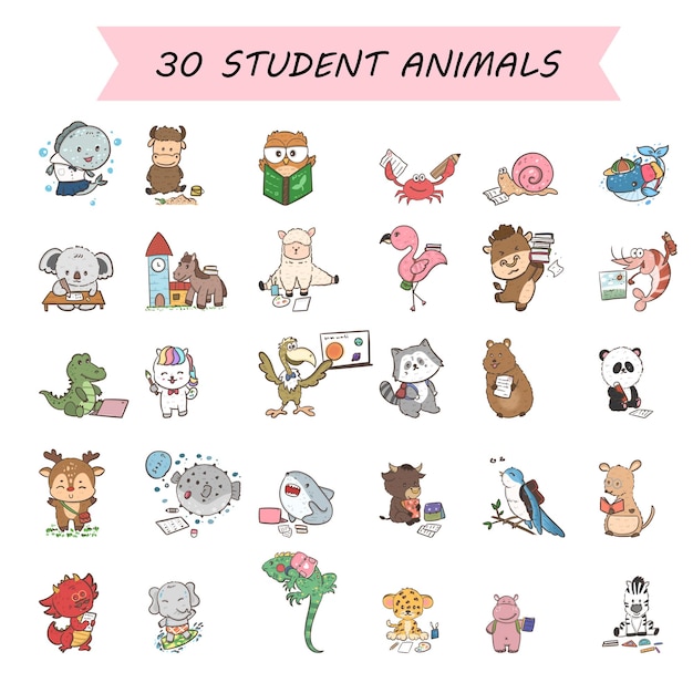 Cute cartoon student animal holding pencil and paper back to school