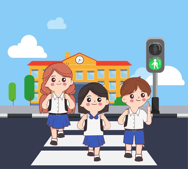 Cute cartoon student crossing the crosswalk background school