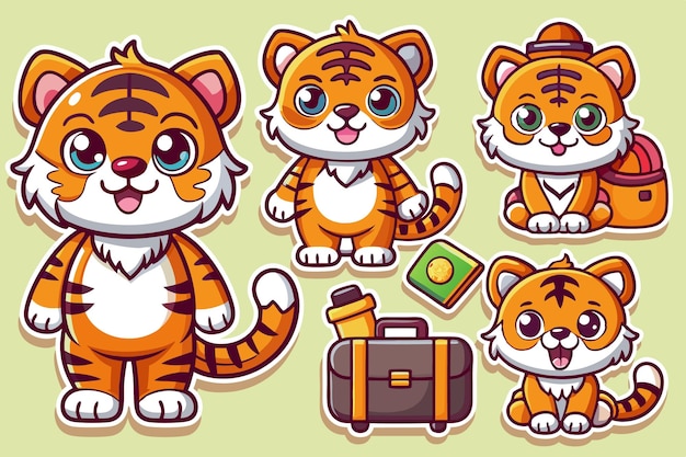 Vector cute cartoon tiger sticker set for travel