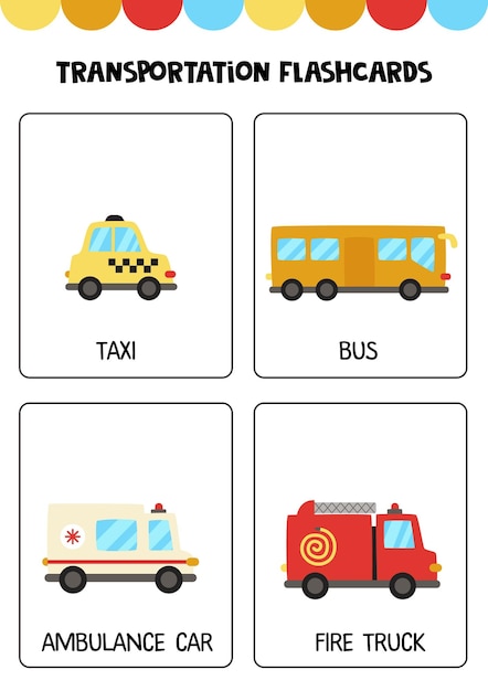 Vector cute cartoon transportation means with names flashcards for children