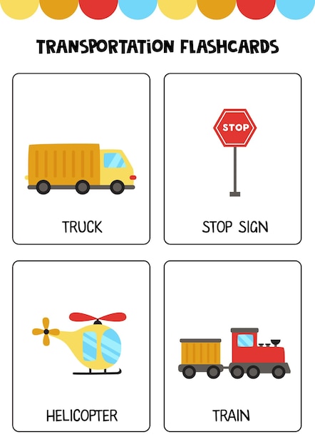 Vector cute cartoon transportation means with names flashcards for children