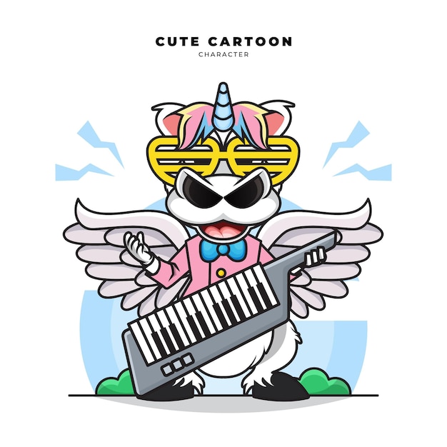 Cute cartoon unicorn is playing keyboard guitar piano