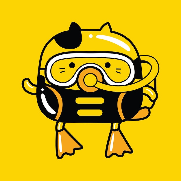 cute cat mascot character diver profession in flat cartoon style