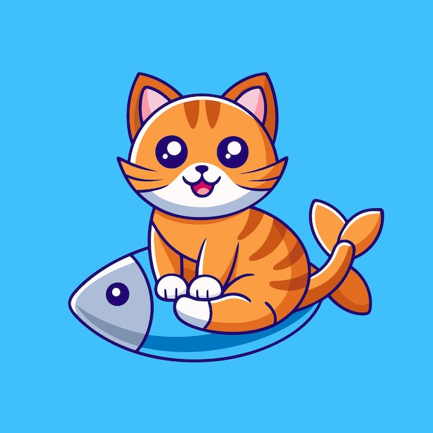 cute cat sitting on fish cartoon illustration