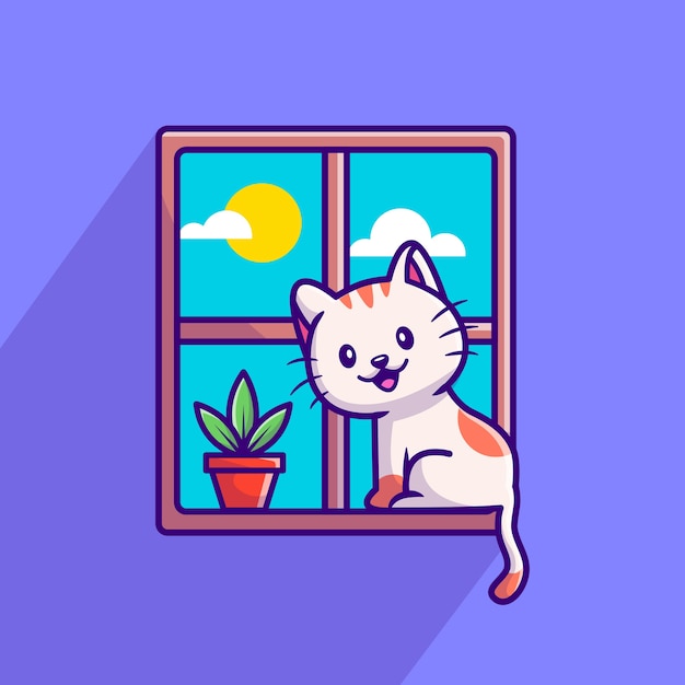 Cute Cat Sitting On Window Cartoon