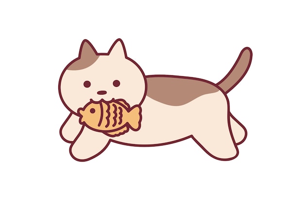 A cute cat stole taiyaki and is running away