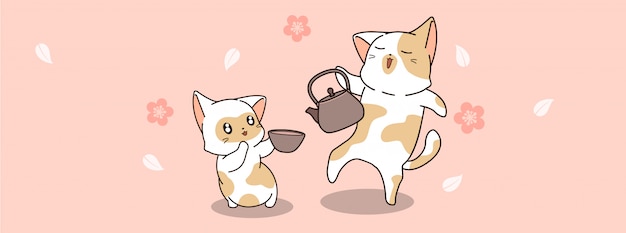 Vector cute cats are drinking tea time