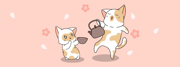 Cute cats are drinking tea time