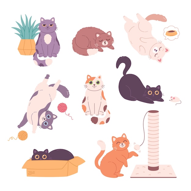 Vector cute cats collection cat sleeping playing sitting domestic cats feline activity