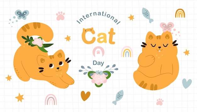 Vector cute cats and funny kitten doodle vector set happy international cat day collection design with flat color in different poses a set of adorable pets on a trendy background