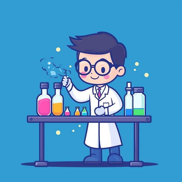 Vector cute chemist mixing chemicals cartoon vector icon