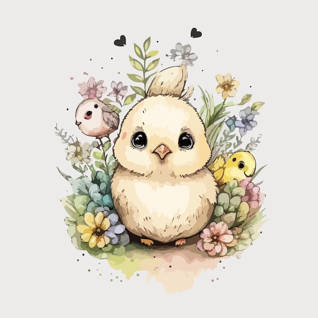 A cute chicken and a bird in flowers.