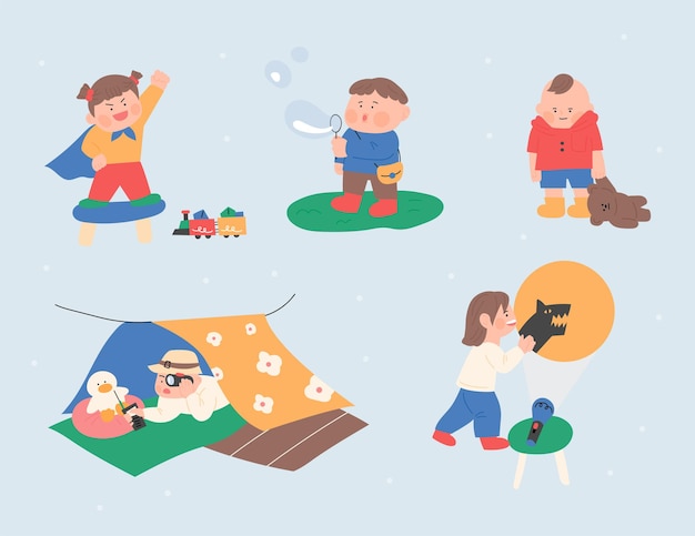 Vector cute children playing various games flat design style vector illustration