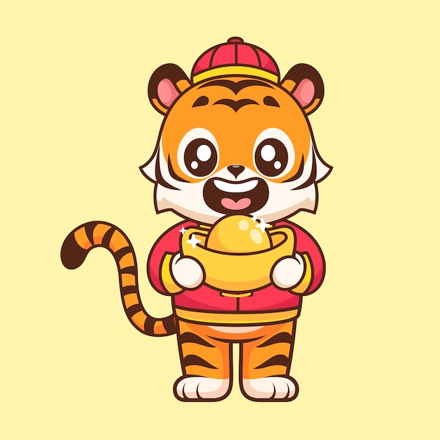 Vector cute chinese tiger holding gold coin cartoon vector icon illustration animal holiday isolated flat