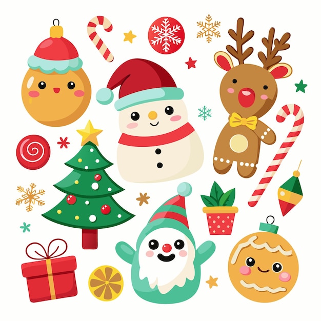 Cute Christmas characters including a snowman a reindeer a gingerbread man an elf and a Christmas tree