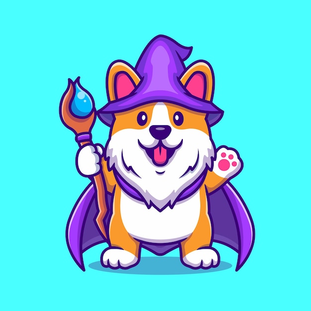 Cute Corgi Dog Wizard With Magic Wand Cartoon Icon Illustration.