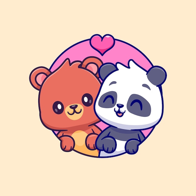 Cute Couple Bear And Cute Panda With Love Cartoon Vector Icon Illustration. Animal Nature Isolated