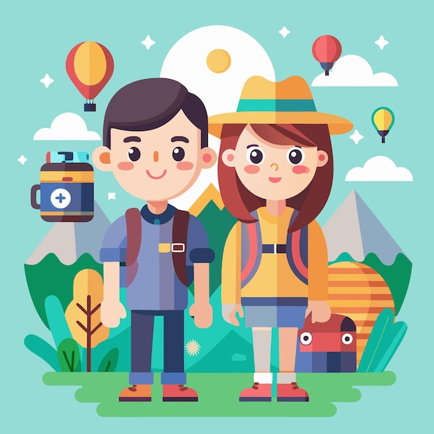 Vector cute couple boy and girl travelling together cartoon vector icon illustration people and travel icon concept isolated premium vector flat cartoon style