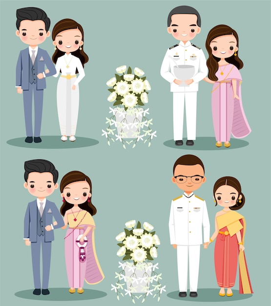 Vector cute couple intraditional dress for wedding invitation card