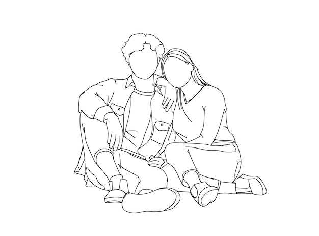 Vector cute couple line art drawing