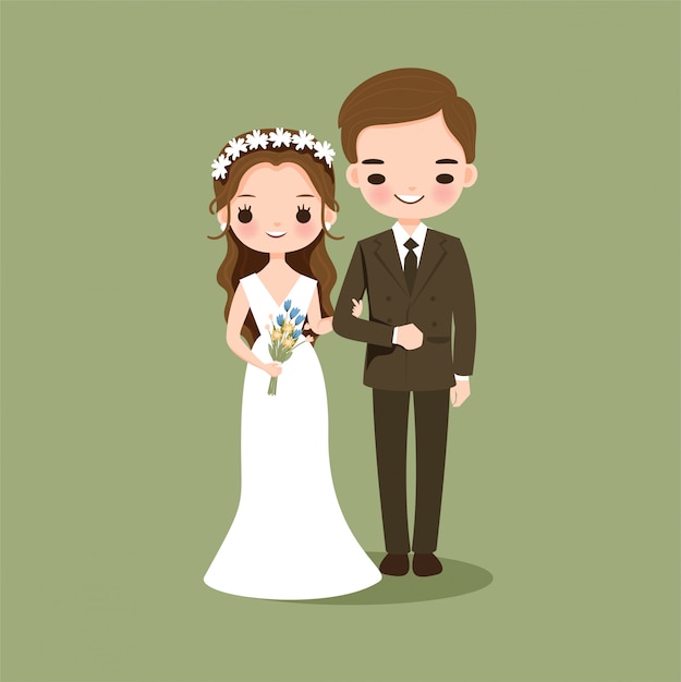 Cute couple in wedding dress cartoon character