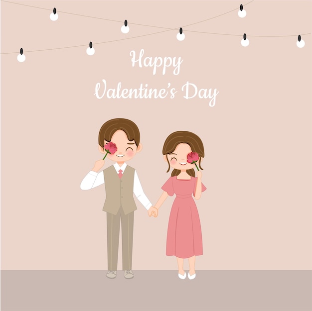 Cute couple with red rose flower cartoon for Valentine's Day