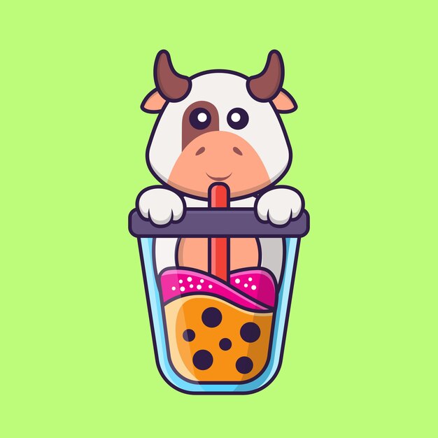 Cute cow Drinking Boba milk tea Animal cartoon concept isolated