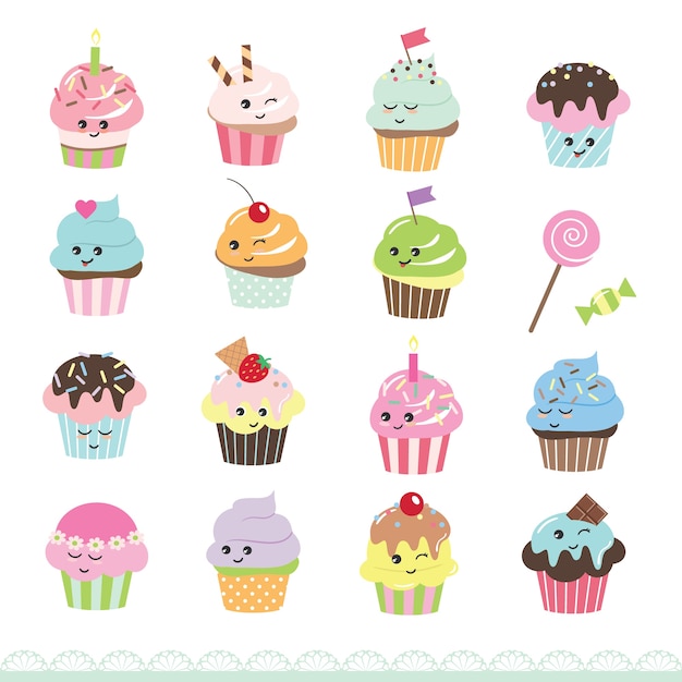 Vector cute cupcakes set