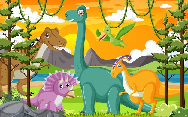 Cute dinosaur group in forest