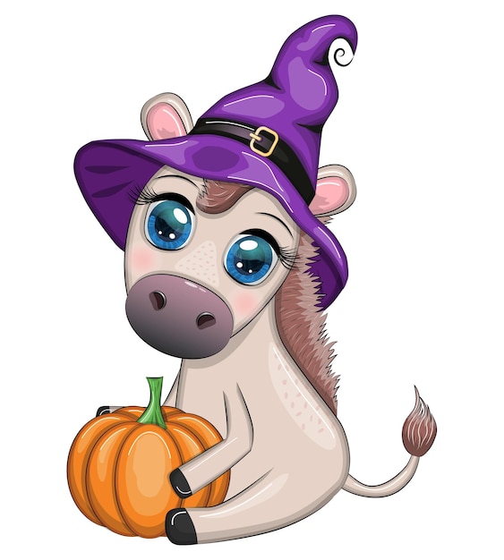 Cute donkey in purple witch hat with broom pumpkin potion Halloween card for the holiday