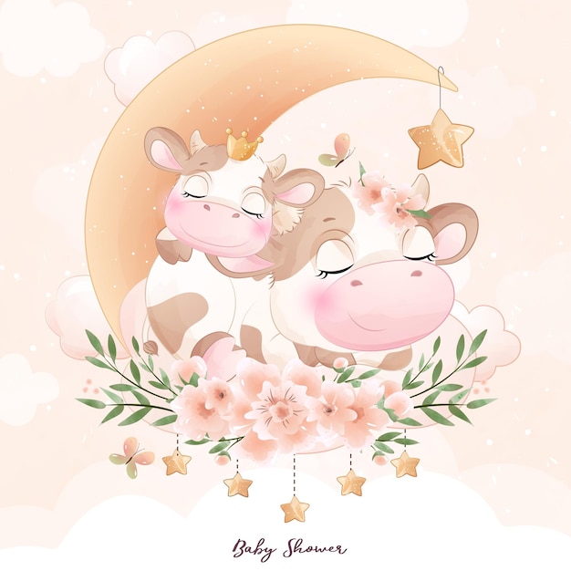 Cute doodle cow baby shower with watercolor illustration