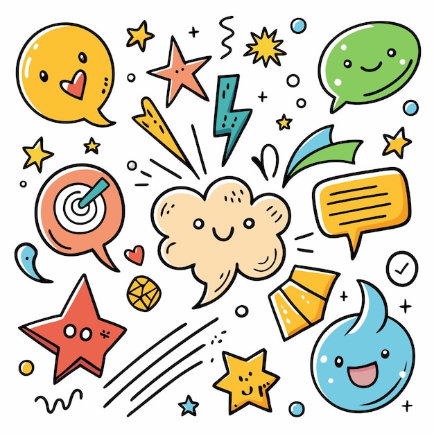 Vector cute doodle icons with smiling faces and stars