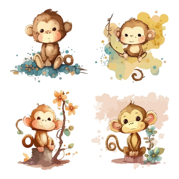 cute doodle a monkey cartoon style with watercolor illustration bundle