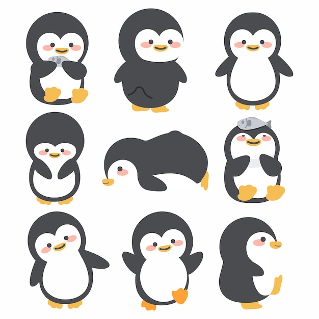 Vector cute doodle penguins cartoon set