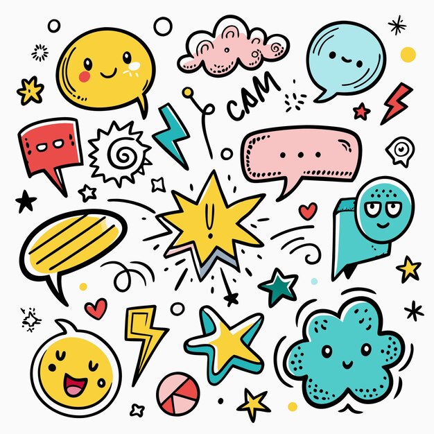 Vector cute doodle speech bubbles with stars and lightning