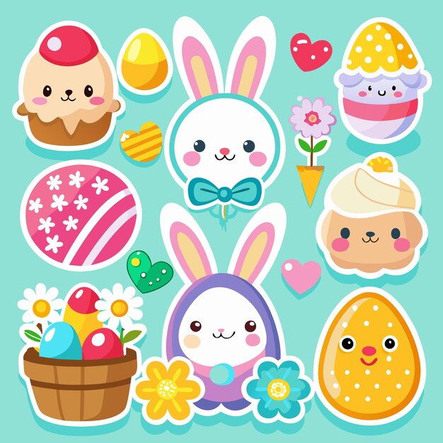 Vector cute easter bunny and egg stickers on blue background