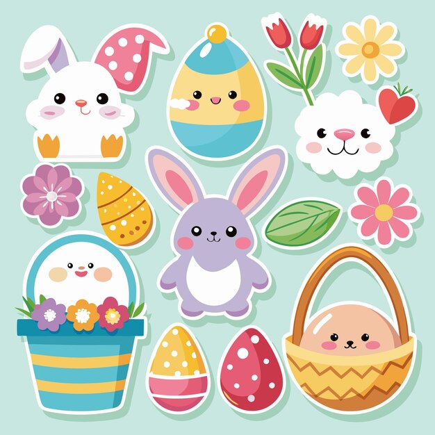 Vector cute easter stickers with bunnies eggs and flowers