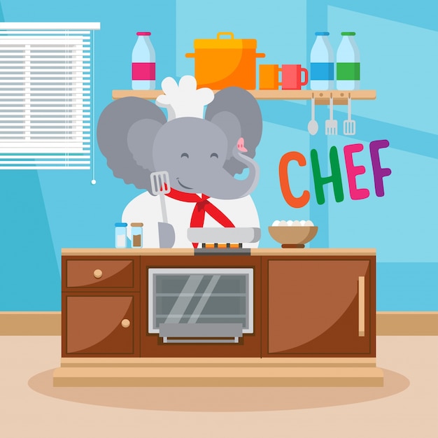 Cute Elephant Chef Cooking Class Animal Occupation Illustration