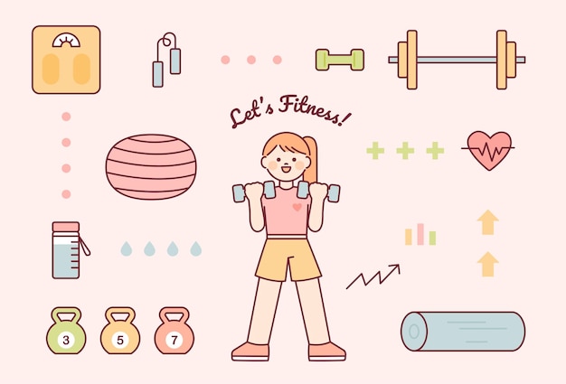 Vector cute female character holding dumbbells and exercise equipment set.