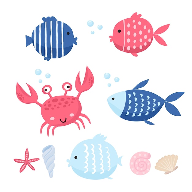 Cute fish vector illustration icons set. Tropical fish, sea fish, aquarium fish