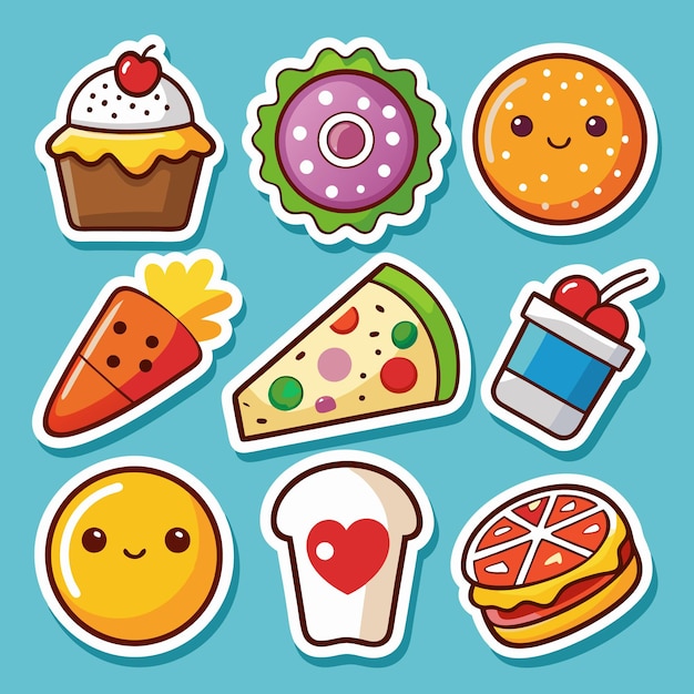 Vector cute food stickers with smiling faces on blue background