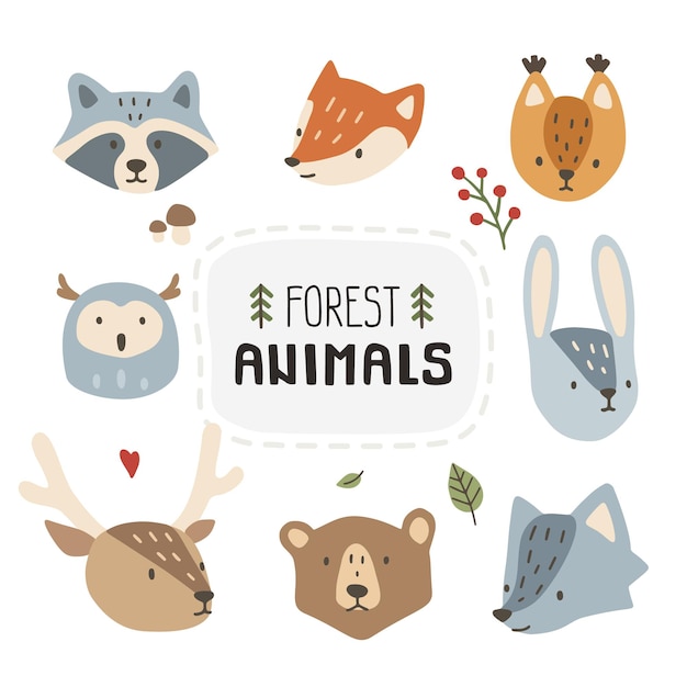 Cute forest animals heads set.