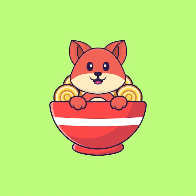 Cute fox eating ramen noodles. Animal cartoon concept isolated.