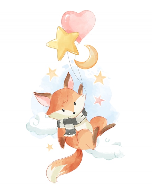 Vector cute fox holding balloons in the sky