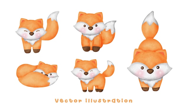 Vector cute foxes watercolor set hand draw illustration clipart